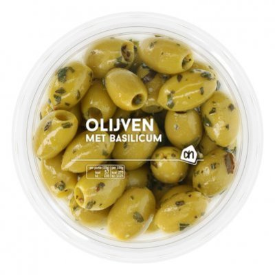 Huismerk Groene olijven met basilicum