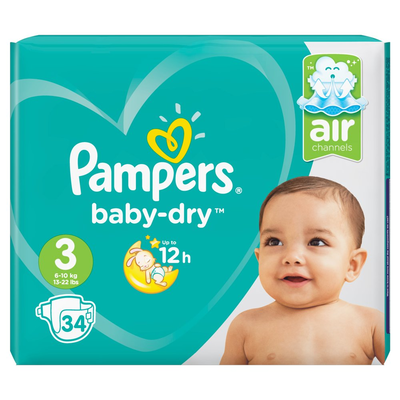 Pampers Baby-Dry Maat 3, 34 Luiers, Voor Droge Ademende Huid