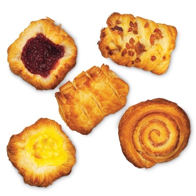 Mini Danish Mini kaneelkoek, pecan-noten koek, vanillekroon, frambozenkroon en appelkroon