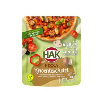 Hak voor Pizza Groenteschotel Champignons, Gele Paprika, Rode Paprika, Wortel, Ui & Saus