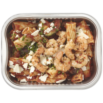Huismerk Pasta met garnalen en tomatensaus